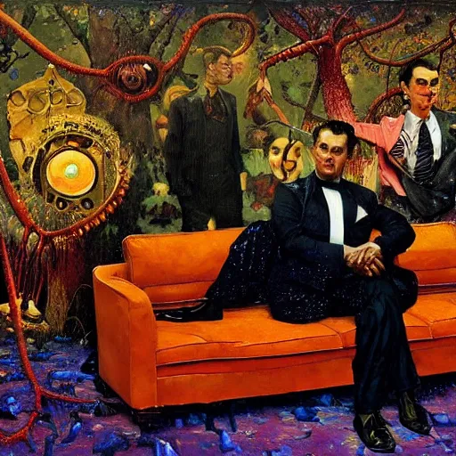 Prompt: two lovers wearing a suit made of nervous system, seated in a sofa, channeling third eye energy, surrounded by a background of dark cyber mystic garden of earthly delights, midnight hour, painted part by wojciech siudmak, part by ilya repin, part by norman rockwell, part by hype williams, artstation