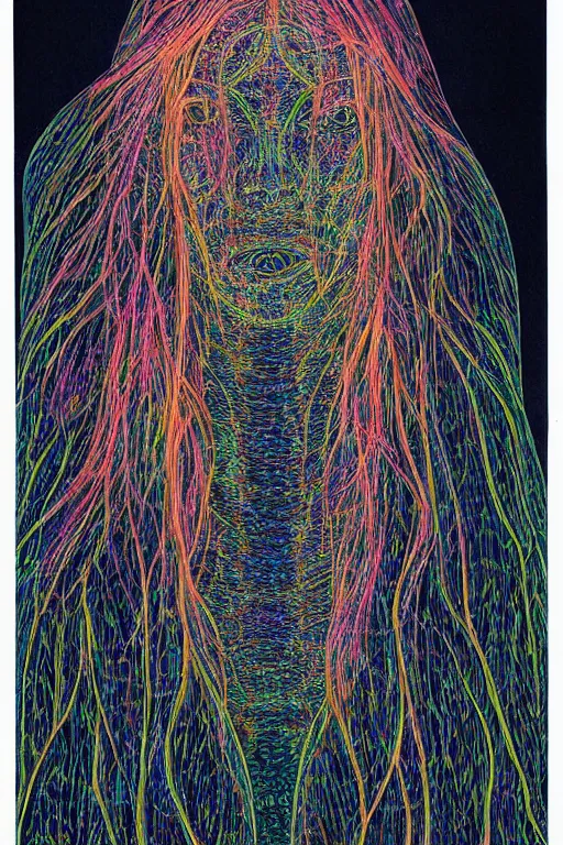 Image similar to dark portrait of one Bioluminescent old shaman, with cracked reaction diffusion semi-transparent skin. multicolored fish scales, closeup. long dark hair with insects and plant leaves. at night, realistic. intricate, very detailed, by alex grey and Moebius