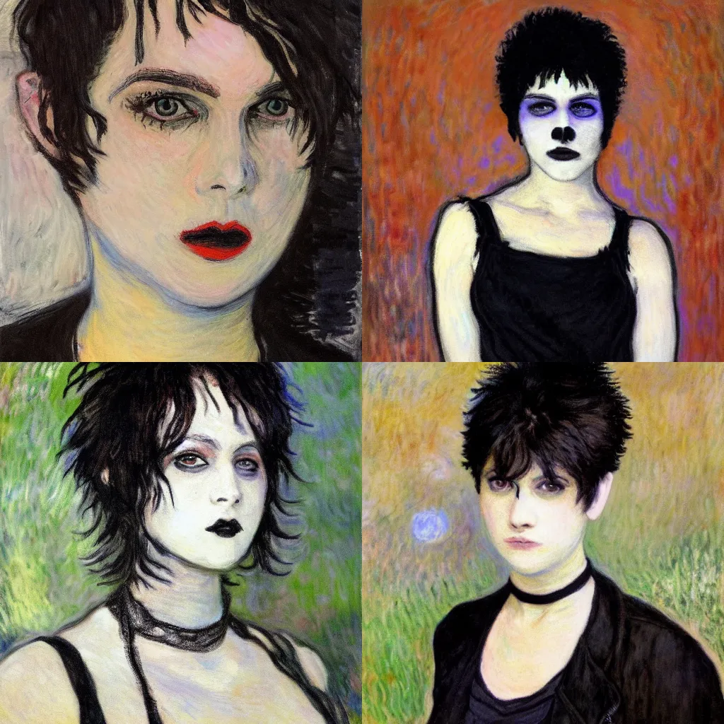 Prompt: an hd goth emo punk portrait painted by claude monet. her hair is dark brown and cut into a short, messy pixie cut. she has a slightly rounded face, with a pointed chin, large entirely - black eyes, and a small nose. she is wearing a black tank top, a black leather jacket, a black knee - length skirt, and a black choker.