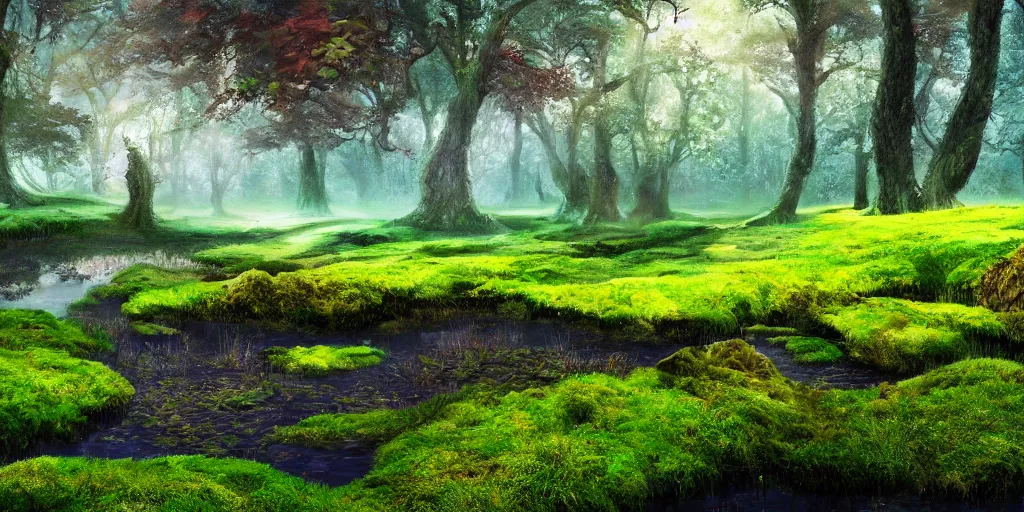 Image similar to gorgeous fields of moss landscape with glistening water, magical forest, brightly colored, magical, fantasy, landscape, beautiful, intricate details, highly detailed, sharp focus, concept art, digital painting, trending on artstation, still, screenshot, photo, photograph, in the style of Adrian Dudak