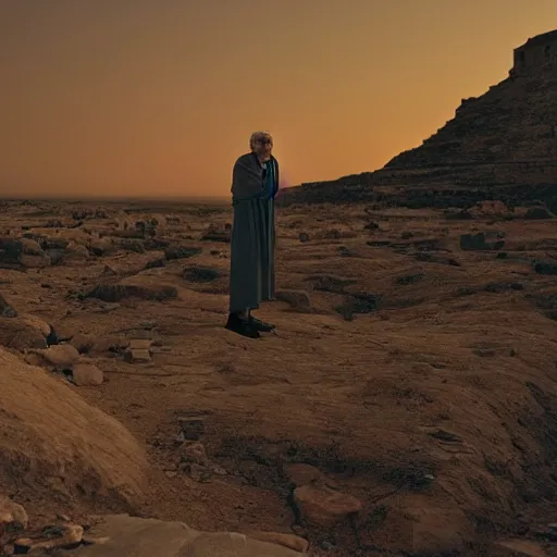 Prompt: film still of 80 year old Mediterranean skinned man in ancient Canaanite looking up at the nighttime sky, Biblical epic directed by Wes Anderson