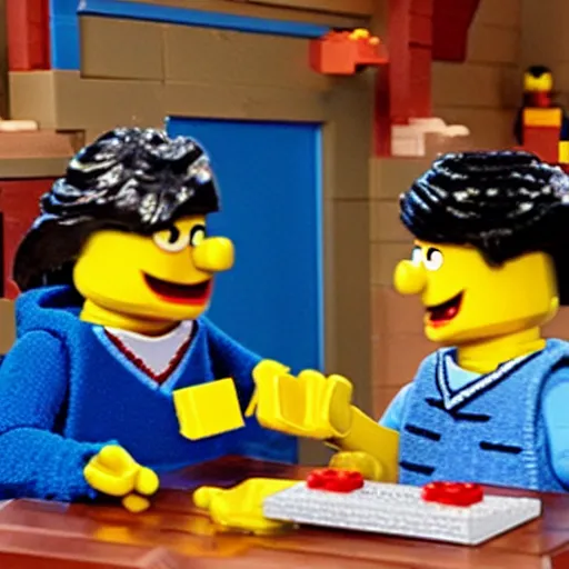 Image similar to Bert and Ernie from Sesame Street build a Lego set together