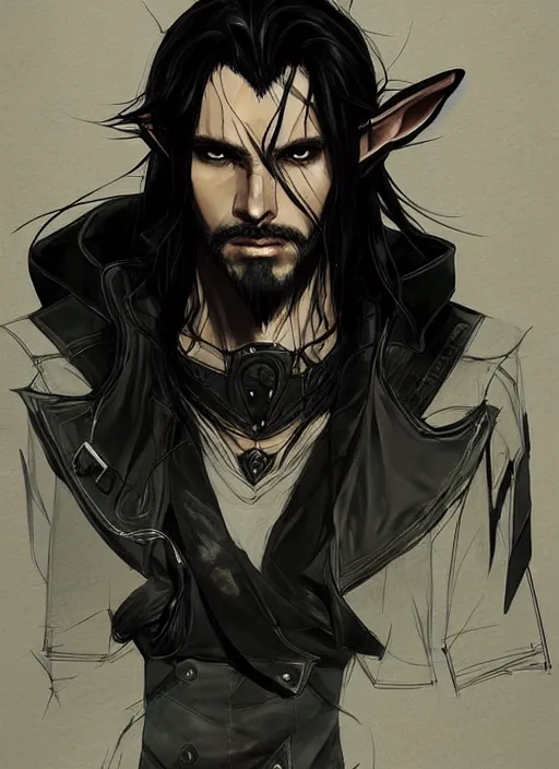 Image similar to Half body portrait of a handsome elven warrior with long black hair and facial hair wearing a black jacket. In style of Yoji Shinkawa and Hyung-tae Kim, trending on ArtStation, dark fantasy, great composition, concept art, highly detailed.