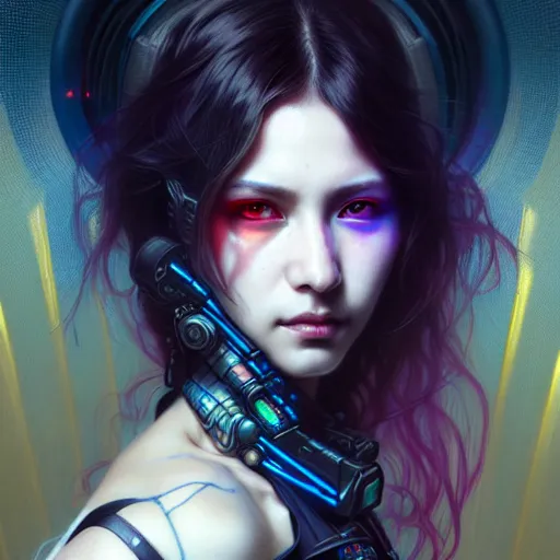 Image similar to portrait painting of a cyberpunk sunmi, ultra realistic, concept art, intricate details, eerie, highly detailed, photorealistic, octane render, 8 k, unreal engine. art by artgerm and greg rutkowski and magali villeneuve and alphonse mucha