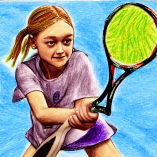 Prompt: elementary schooler drawing of Dakota Fanning playing tennis