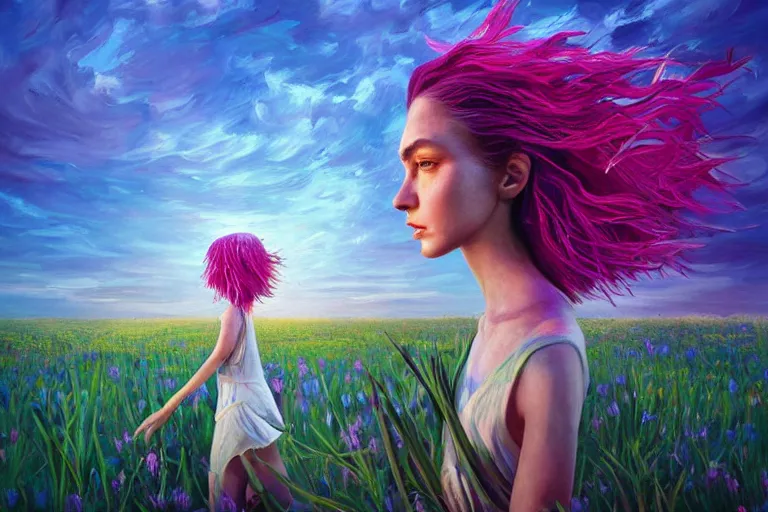 Image similar to giant gladiola head, girl walking in field of flowers, surreal photography, sunrise, blue sky, dramatic light, impressionist painting, digital painting, artstation, simon stalenhag