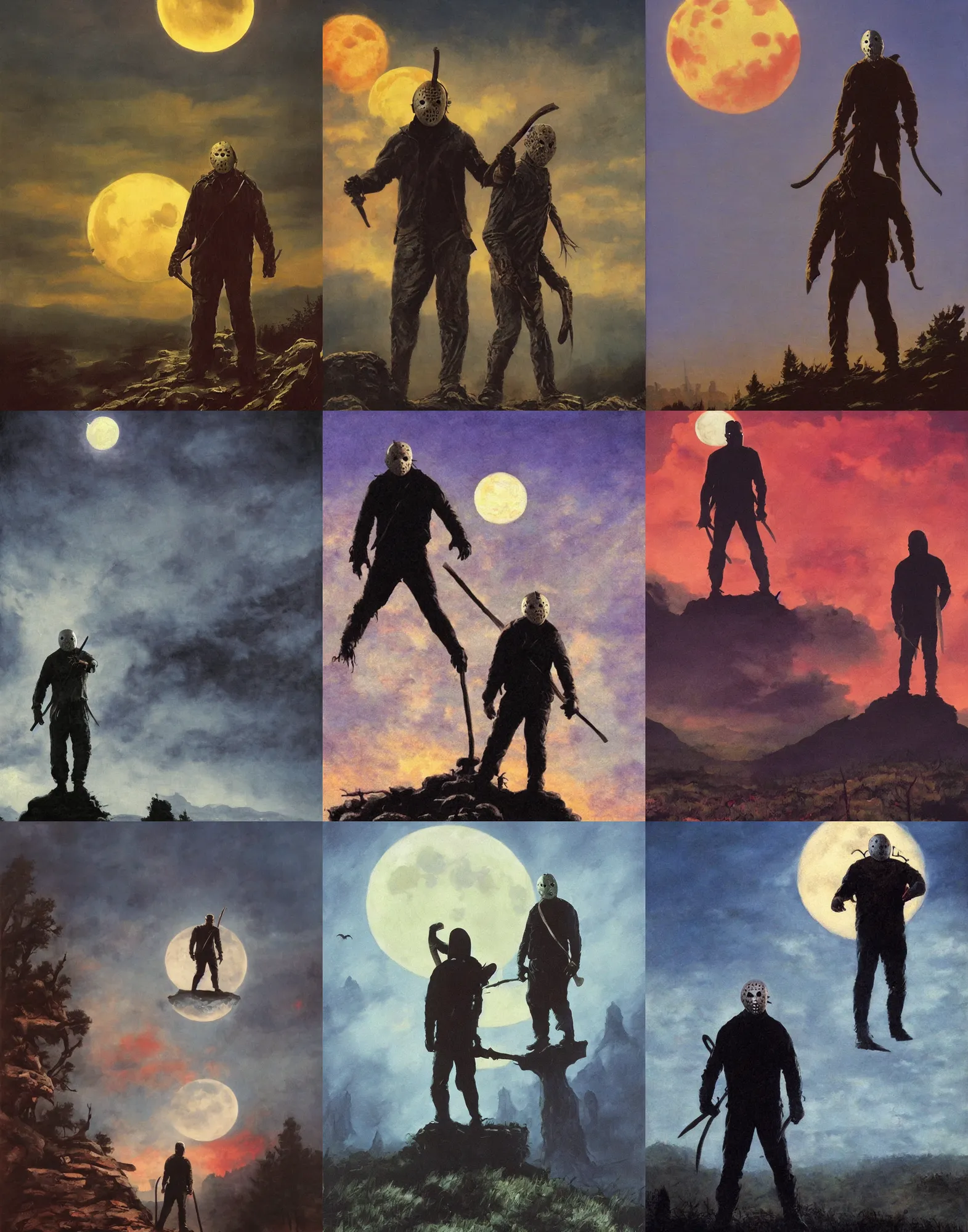 Prompt: scary jason voorhees standing on a giant hill, new york panorama in far background, powerful pose, scary, horror, deep night, giant oversized moon backlighting, dramatic colorful sky, shadows on side, cinematic, side light, backlighting, oil painting by frazetta