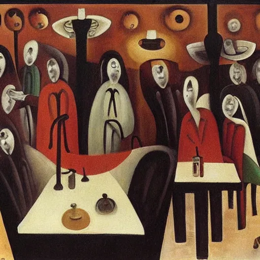 Prompt: painting of a busy coffee shop, by leonora carrington,