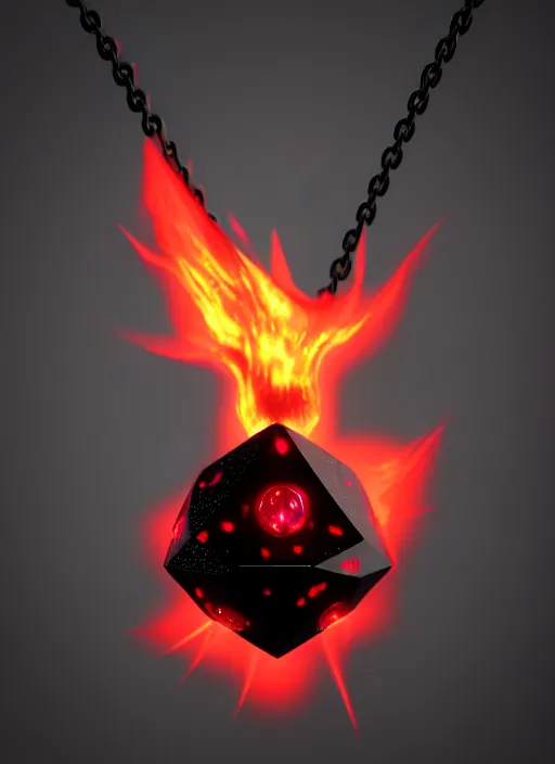 Image similar to rpg item, a black necklace with a bright red diamond in flames, Unreal 5, DAZ, hyperrealistic, rpg style, octane render, dynamic lighting