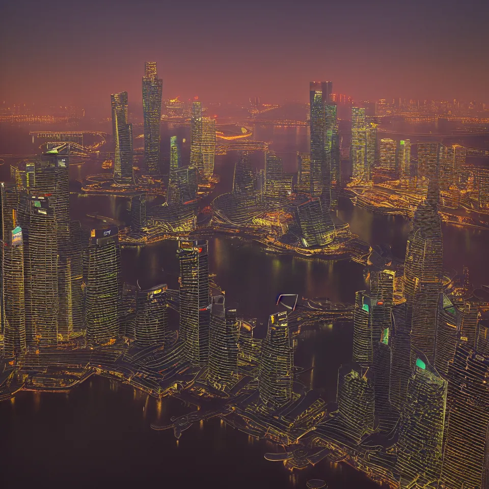 Image similar to a detailed painting overlooking the Marina Bay Sands in Singapore at dusk. By Robert Bechtle, Paul Kratter, Geri Keary, Simon Stålenhag. Digital art, warm, CGSociety, Octane. Trending on ArtStation, 8k, UHD, HDR