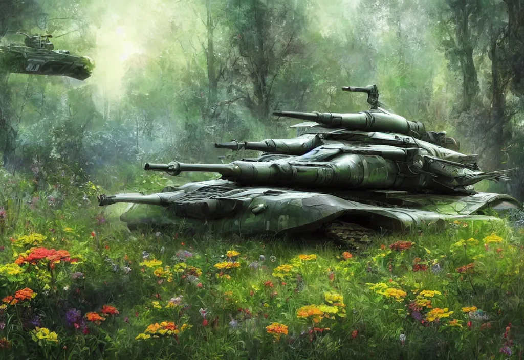 Prompt: shiny futuristic military tank in a very fertile green forest environment with flowers and fantastic animals, fantasy art, scifi art, airbrush