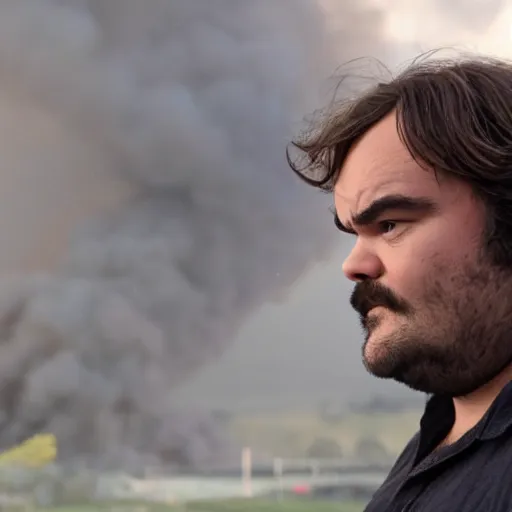 Image similar to jack black looking peaceful while escaping a raging building fire, movie still, 8 k