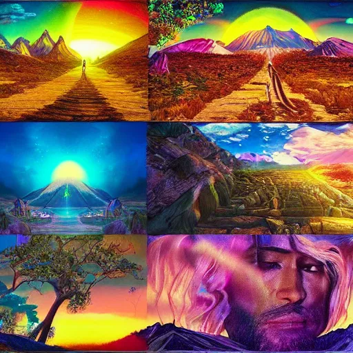 Prompt: Shots of an unreleased spiritual marvel movie, landscape, 8K, photorealistic, high cohesiveness, psychedelic, concept art, vaporwave