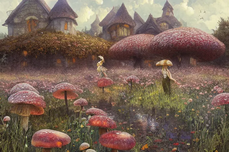 Image similar to a beautiful digital painting of a sprawling mushroom house in a field of flowers, beautiful day, stream, by greg rutkowski, gerald brom, marc simonetti, jean - baptiste monge, and alphonse mucha, symmetry, complementary colors, ink illustration, trending on artstation
