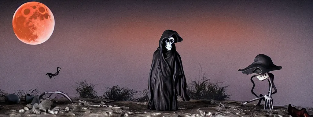 Image similar to Grim reaper in a park at night with a large blood moon in the distance, wide shot, claymation, by tim burton