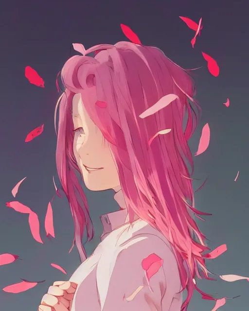 Image similar to happy teenage girl side face with pink curly pastel hair .Many single strips of hair floating in the air. Bright big eyes. Fine particles of red leaves.，cute, anime wallpaper，Sunlight on the face.by Krenz Cushart, Ian McQue, Ilya Kuvshinov, CloverWorks.vivid color.Shining highlights