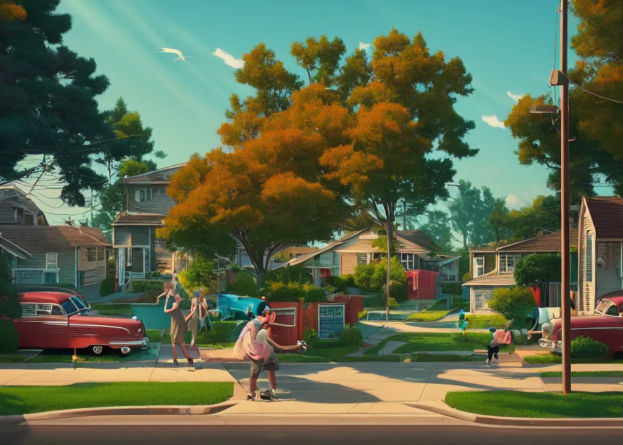 Prompt: idyllic 1950s suburb, neighborhood, by Asher Durand. intricate artwork by Tooth Wu and wlop and beeple and dan mumford and greg rutkowski and nekroxiii. halo. octane render, cinematic, hyper realism, octane render, 8k, depth of field, bokeh. iridescent accents. vibrant.