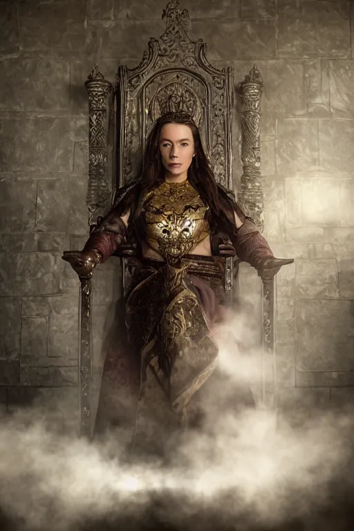 Image similar to the elder scrolls vi, charismatic regal brunette female jarl, portrait, rustic throne room, atmospheric lighting, painted, intricate, volumetric lighting, beautiful, daytime,, slight overcast weather, 4 0 0 0 k, sharp focus, deep colours, ultra detailed, by leesha hannigan, ross tran, thierry doizon, kai carpenter, ignacio fernandez rios