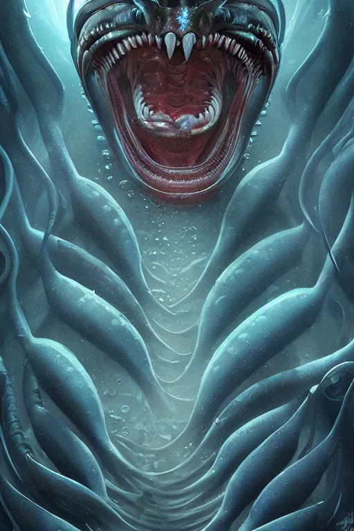 Image similar to underwater xenomorph alien mixed with sharks extra teeth, tentacles, labyrinth, highly detailed, digital painting, artstation, concept art, smooth, sharp focus, illustration, unreal engine 5, 8 k, art by artgerm and greg rutkowski and alphonse mucha and ifbb pro fitness photograph, giger