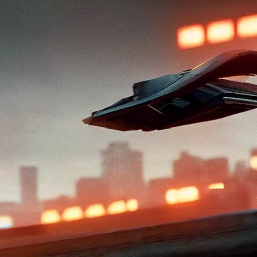 Prompt: flying car in cityscape, blade runner 2049, shallow depth of field medium shot, award winning, gritty, god rays