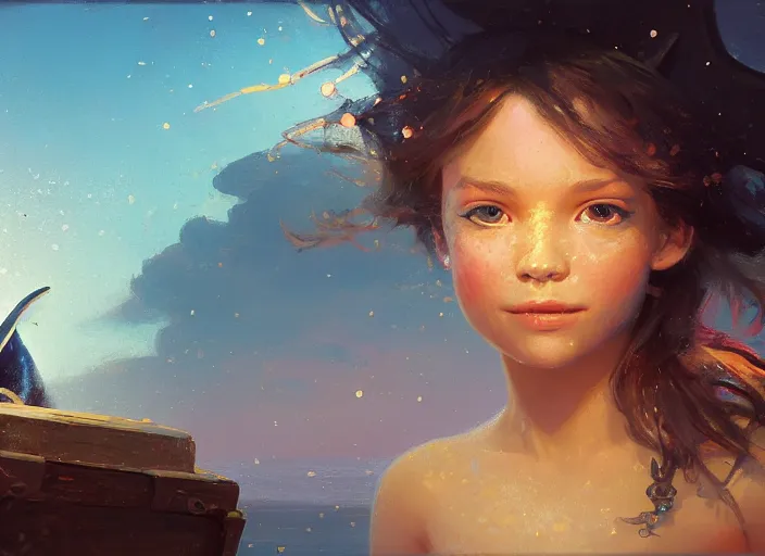 Image similar to wide view picture of a pirate girl, looking at the treasure box, hard breathing, messy hair, very excited, smiling, sparkling eyes, magic and fantasy, whale monsters, beautiful and aesthetic and attractive and detailed face, specular reflection, occlusion shadow, intricate, bokeh, masterpiece, by ilya kuvshinov and jeremy lipking and quentin mabille