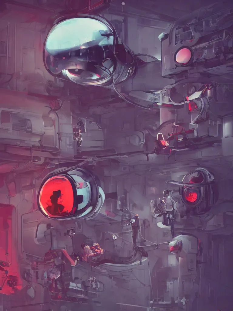 Prompt: graphic art of dystopian futuristic 1 0 mechanic surgeons in space suits, operate on a huge mouse head held by a crane. ominous glowing red netflix sign in the background, trending on art station, beeple