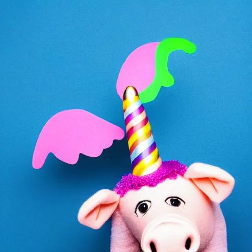 Image similar to studio photograph of a happy flying pig with wings with a unicorn horn depicted as a muppet