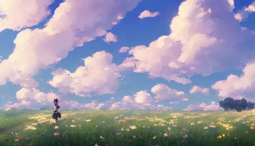 Image similar to a field of beautiful flowers, fluffy white clouds in the blue sky on a beautiful windy day, trending on pixiv fanbox, painted by greg rutkowski makoto shinkai takashi takeuchi studio ghibli