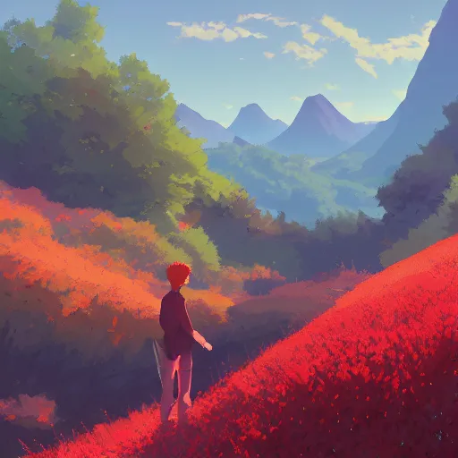 Prompt: red haired teen boy, flower fields and mountains and forest in the background, digital painting, artstation, highly detailed, by makoto shinkai and thomas kindle and James gilleard