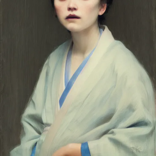 Image similar to girl with pigtails, in kimono, closeup portrait frontview, ethereal, jeremy lipking, tim rees, joseph todorovitch