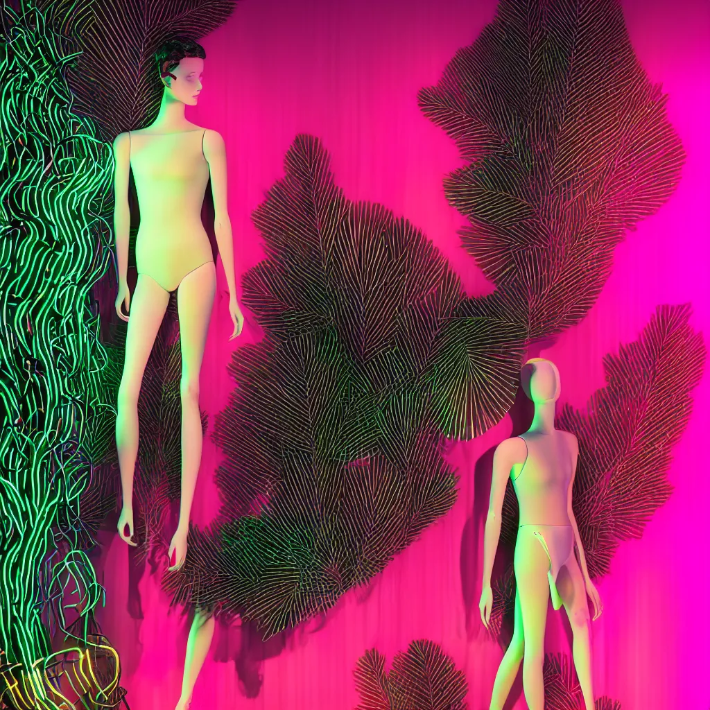 Prompt: beautiful mannequin sculpted out of black glass by billelis + lit with geometric neon dripping gold + forest in background!!!, facing a doorway opening with neon pink geometric fractal light + flowering hostas!!!, transcendent, clean linework, dramatic, finely detailed, 4 k, trending on artstation, photorealistic, volumetric lighting, octane render