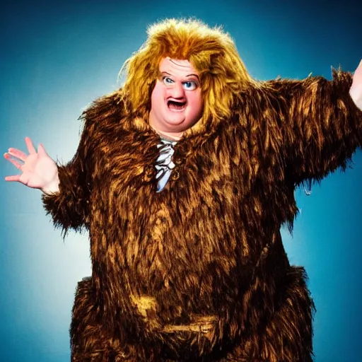 Image similar to snl chris farley as the cowardly lion of oz, studio poster photography, trending on artstation, featured on deviantart, award winning costume