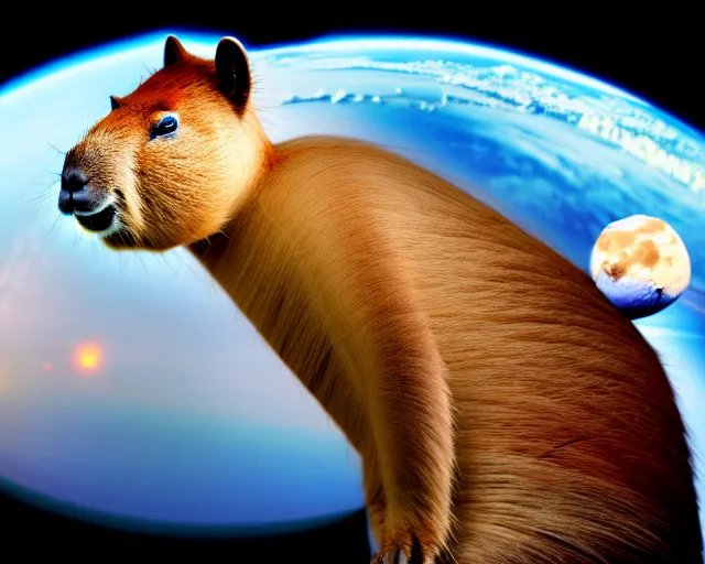 Image similar to a capybara is standing on astronaut, phantasia photo, concept art