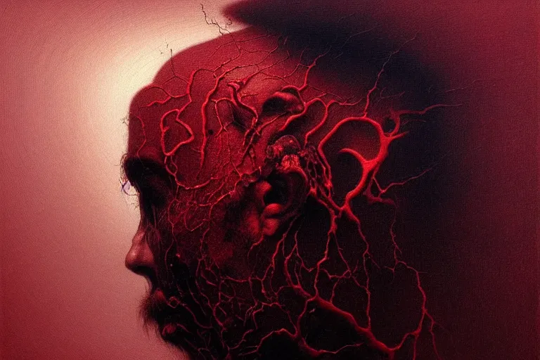 Image similar to head of a man falling apart, in the style of beksinski, intricate and epic composition, red by caravaggio, insanely quality, highly detailed, masterpiece, purple light, artstation, 4 k