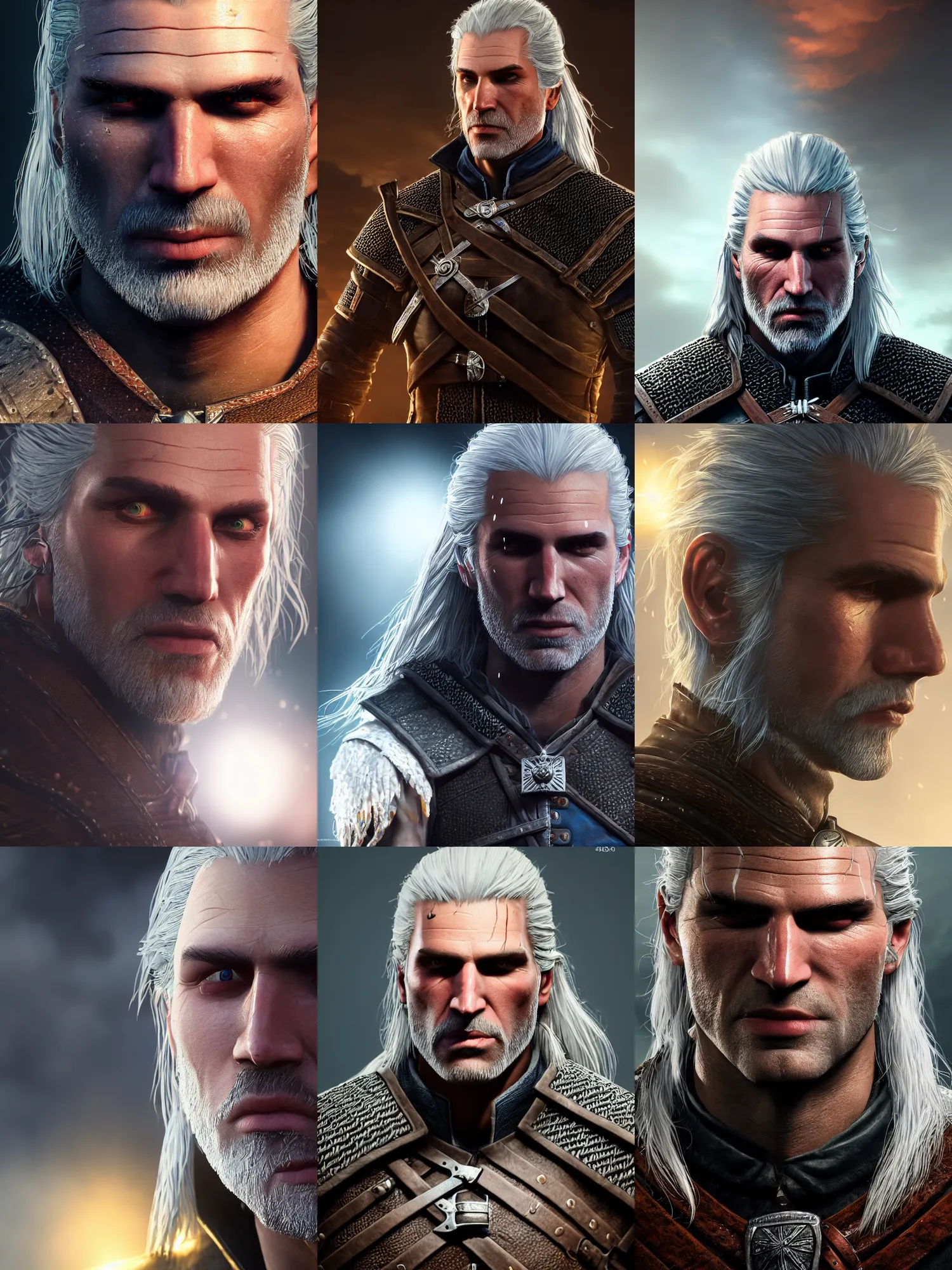 Prompt: portrait art of Geralt of Rivia 8k ultra realistic , lens flare, atmosphere, glow, detailed,intricate, full of colour, cinematic lighting, trending on artstation, 4k, hyperrealistic, focused, extreme details, unreal engine 5, cinematic, masterpiece