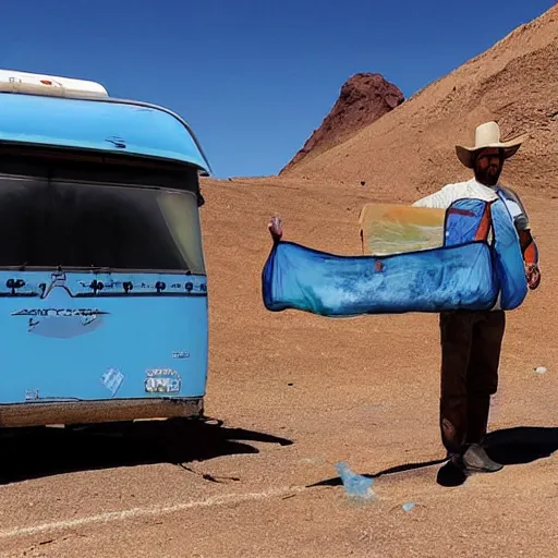 Image similar to argentinian trapper Duki holding a ziplock bag with baby blue meth, desert background, next to an rv, by stephen bliss, gta loading screen