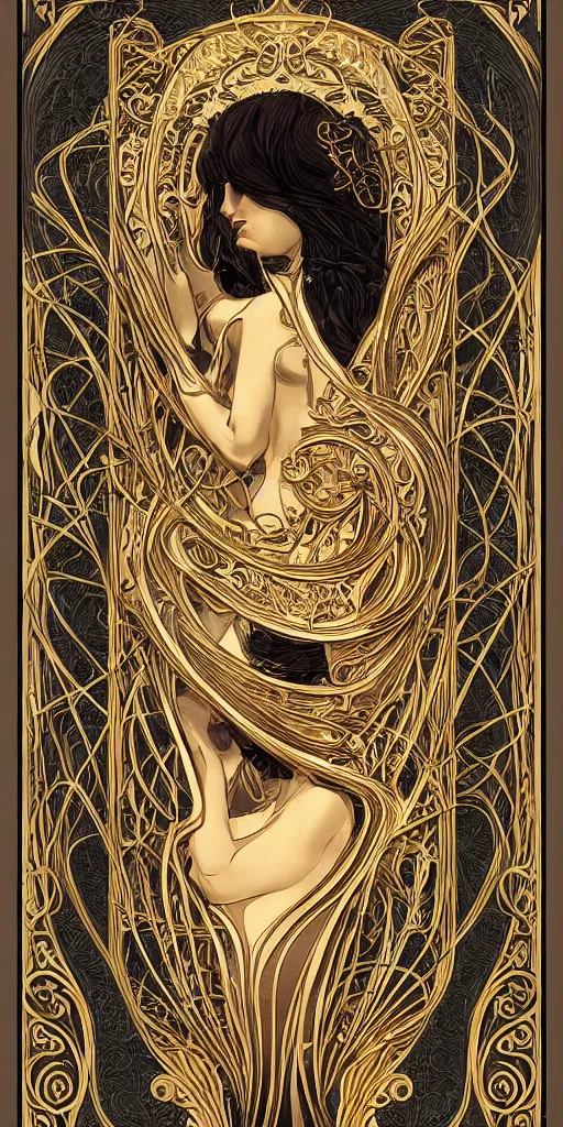 Prompt: an intricate art nouveau edges frame, with golden entertwined edges and empty black center, highly detailed, artstation, concept art, matte, sharp focus,