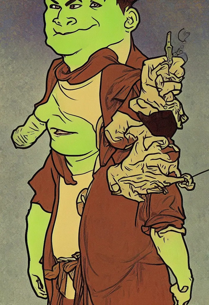 Image similar to yann lecun as shrek, in art style by alphonse mucha