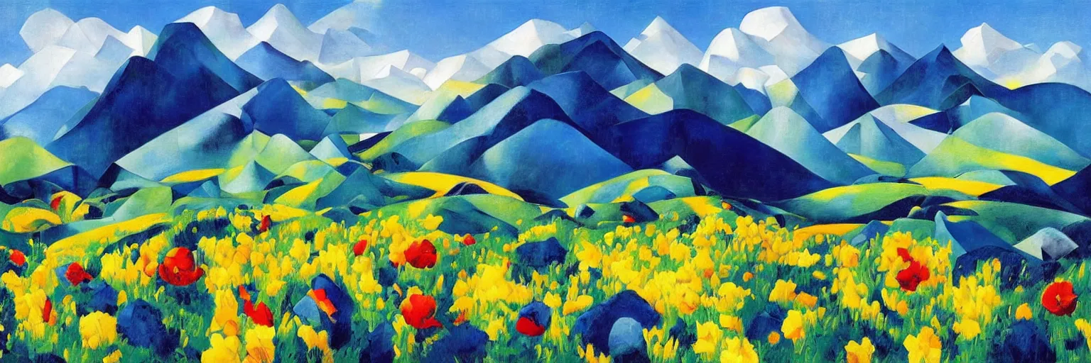 Prompt: mountain landscape in summer!!, flowers, blue landscape, dreamy light, sunny complementary palette, by and jacek yerga and tamara de lempicka and jesse king, pop surrealist, wiccan