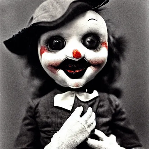 Image similar to clown ventriloquist doll smiling, ventriloquist dummy, photo, surrealistic, creepy, dark, epic, cinematic, style of atget, detailed