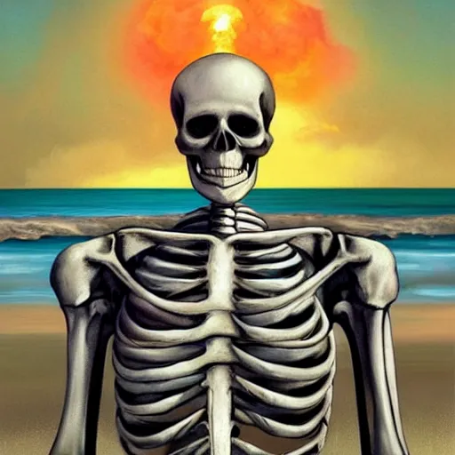 Prompt: Beautiful digital painting portrait of relaxed skeleton walking on the tropical beach with (nuclear bomb explosion in the background)!!!, by James Gurney, high quality, trending on Artstation, realistic, tropical color scheme, anatomically correct skeleton, high coherence, clear blue sky