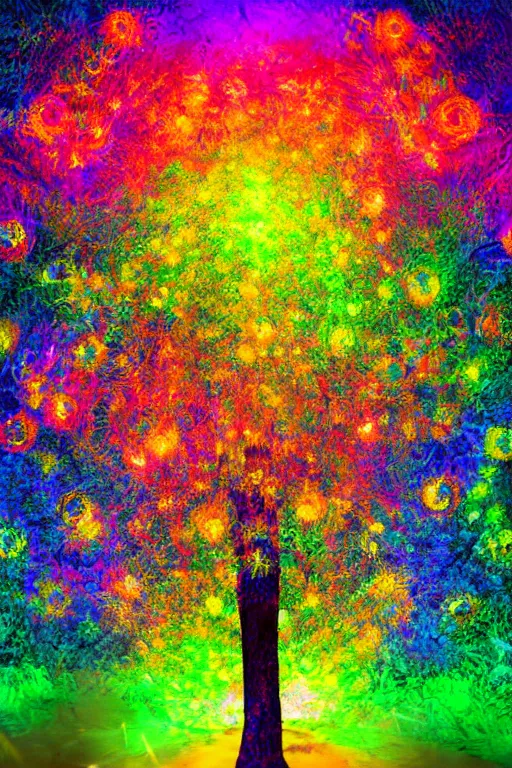 Prompt: a painting of a tree with colorful lights, digital art by art green, shutterstock contest winner, psychedelic art, fractalism, mystical, tesseract