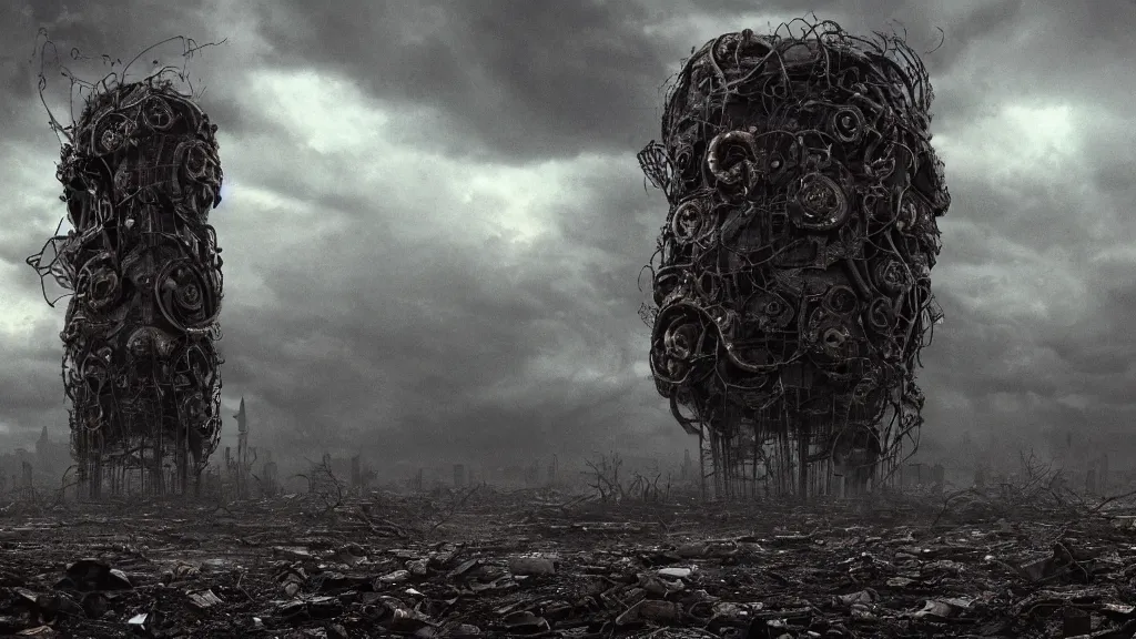 Image similar to giant evil bio-organic fleshy complex machine tower with tendrils and one eyeball at the top looking over a stormy post-apocalyptic wasteland, dystopian art, film still from the movie directed by Denis Villeneuve with art direction by Salvador Dalí, wide lens