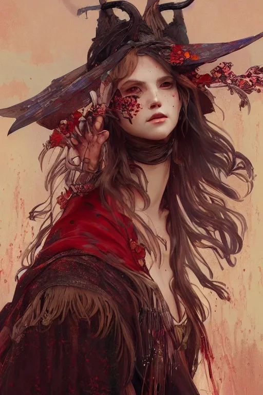 Image similar to beautiful ancient witch in makeshift animal bow cape, blood rain on background, highly detailed, digital painting, artstation, sharp focus, illustration, art by tan zi and ayanamikodon and alphonse mucha and wlop