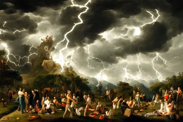 Image similar to a detailed illustration of a god ruining a picnic in the park, nightmare in the park, small crowd of people, calamity, dark storms with lightning, 8 k, in a baroque style
