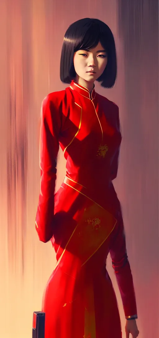 Image similar to a ultradetailed beautiful panting of a asian female wearing red ao dai and futuristic eye google, by ilya kuvshinov, greg rutkowski and makoto shinkai, trending on artstation