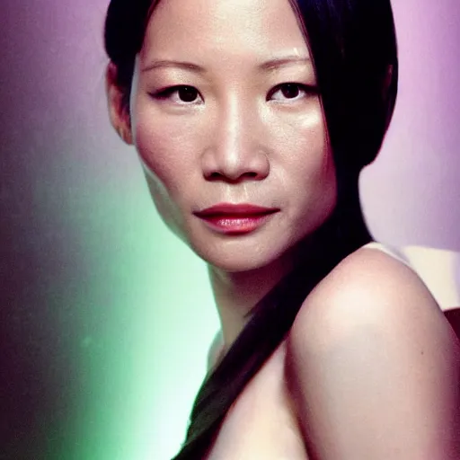 Prompt: photo of young Lucy Liu, close up, with a cyberpunk bionic right eye with led lights, robotic implants over face with small led lights, white background, fine art photography in the style of Bill Henson