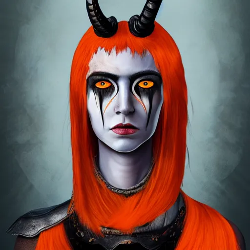 Prompt: illustrated portrait of skinny prominently ram-horned woman with solid black eyes orange skin and blue hair wearing leather armor, hyper detailed, photorealistic