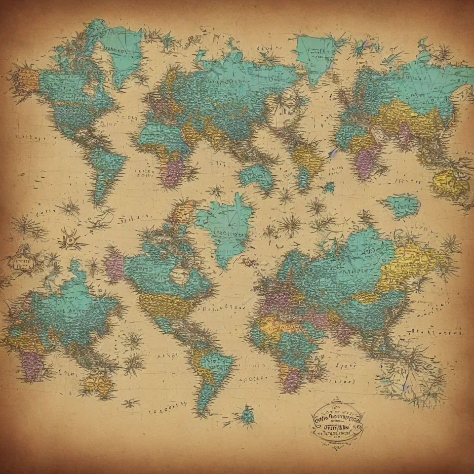 Image similar to imaginary map of different color realms, map of fantacy world, different realms, blueprint, infographic, vintage theme, on paper, with notes, highly detailed, hyper realistic