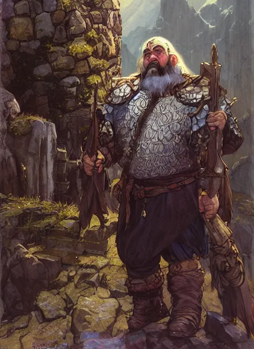 Prompt: Hulgen the dwarf. A humble dwarven stone mason completes the great gate of kings. Fantasy concept art. Moody Epic painting by James Gurney, and Alphonso Mucha. ArtstationHQ. painting with Vivid color. (Dragon age, witcher 3, lotr)